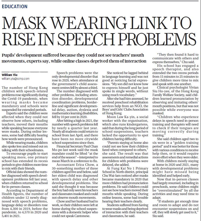 Mask Wearing Link to Rise in Speech Problems- South China Morning Post